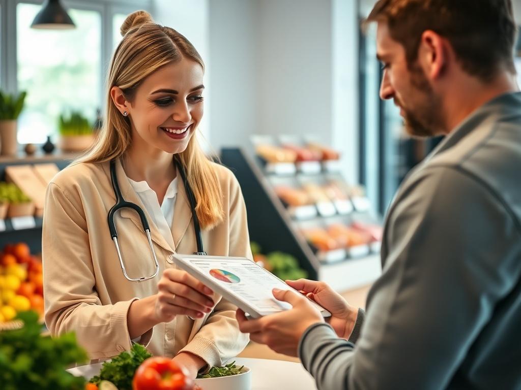 A nutritionist and client engaged in a consultation, reviewing a