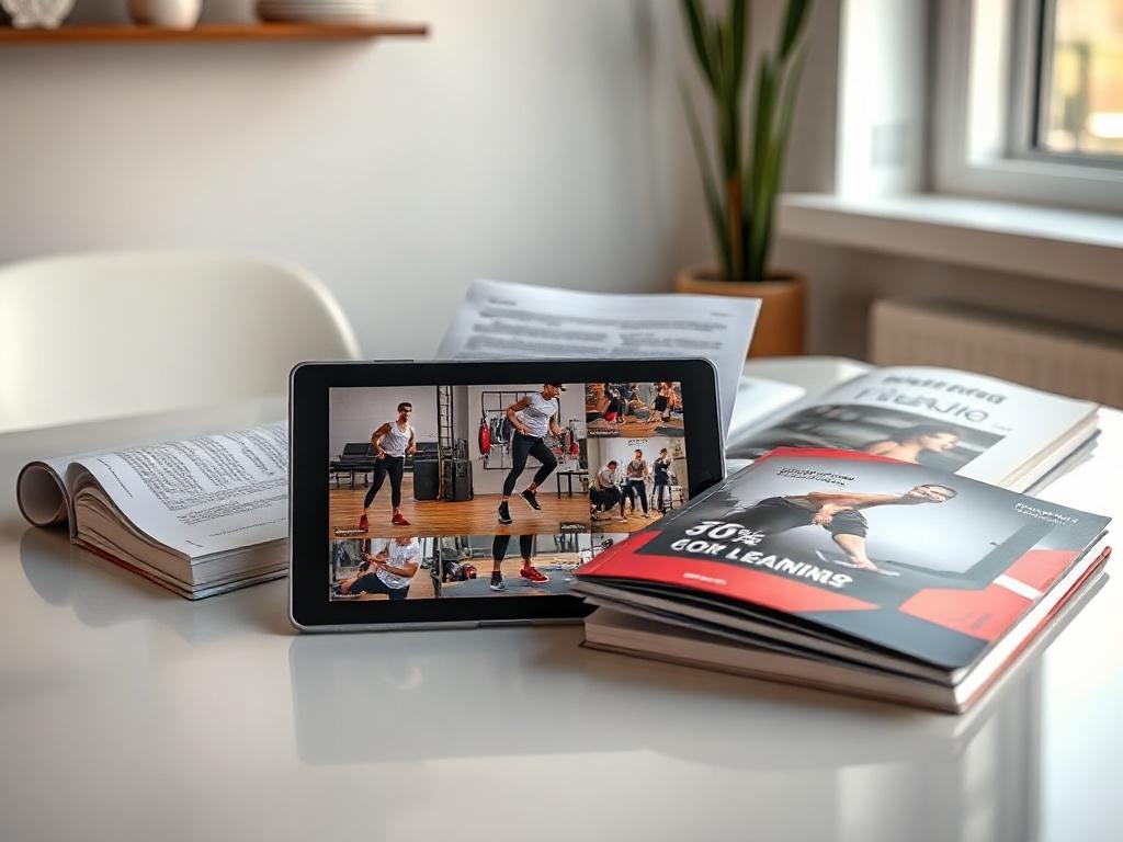 A realistic high-resolution close-up shot of a collection of training materials displayed on a sleek table. Items include a tablet showing workout videos, printed articles, and a fitness guidebook. The background is softly lit, creating an inspiring atmosphere for learning.