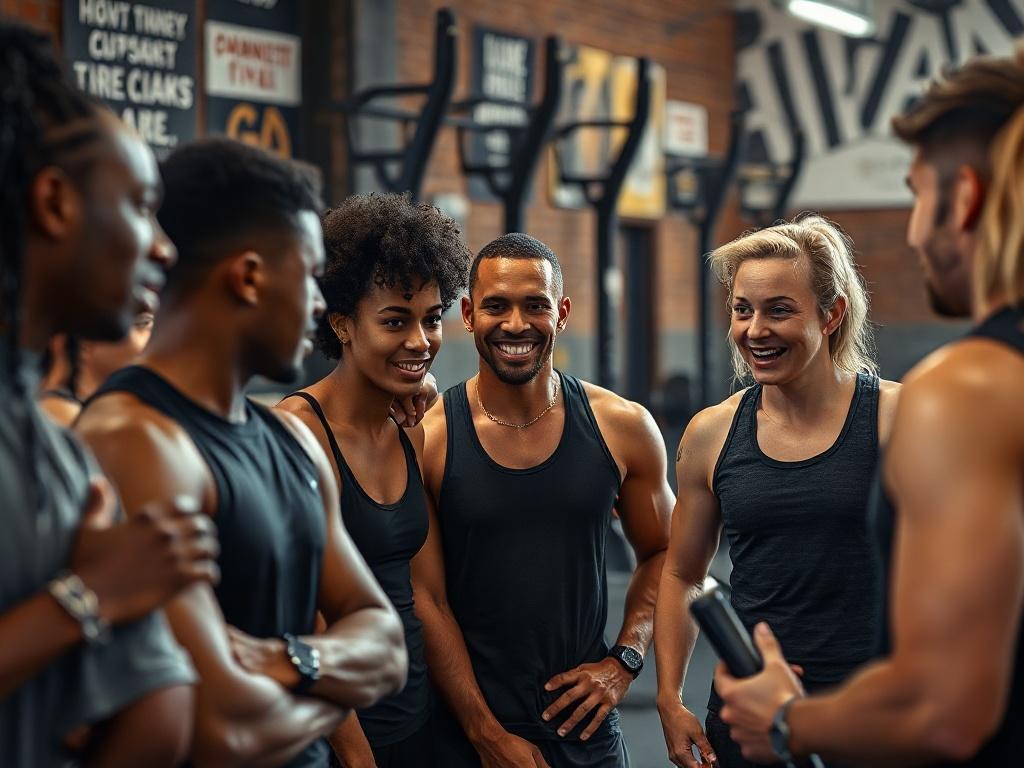 A realistic high-resolution close-up shot of a group of diverse athletes engaging in a lively discussion at a training center. The background features motivational posters and training equipment, emphasizing the community vibe.