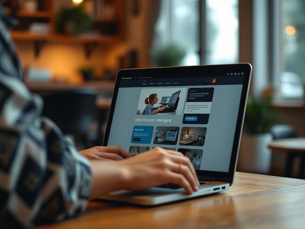 A realistic high-resolution close-up shot of a user navigating a website on a laptop, showcasing an intuitive interface. The background is blurred to emphasize the screen's content, with warm lighting creating an inviting atmosphere. The focus is on the laptop screen displaying a user-friendly website layout.