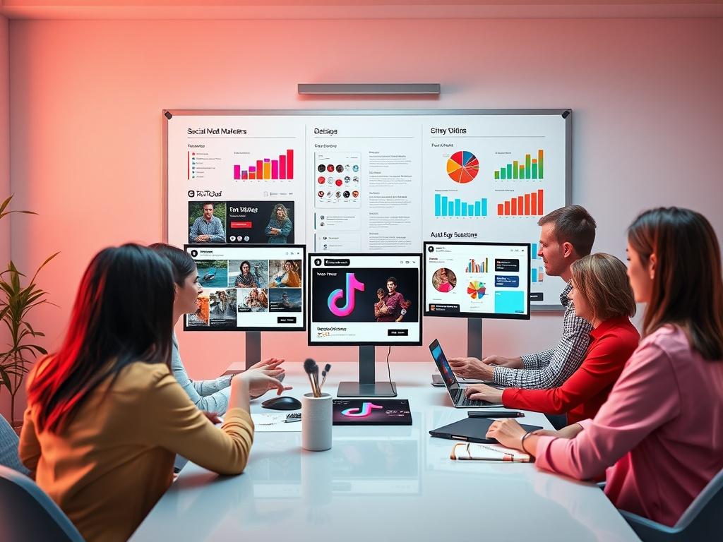 A vibrant and engaging scene depicting a digital marketing team