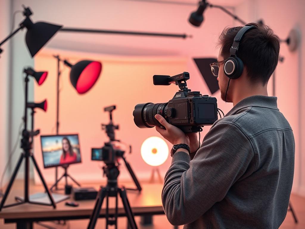 A creative workspace showcasing a content creator filming engaging video