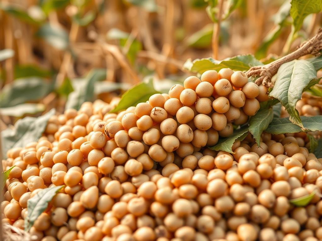 A high-quality image of freshly harvested soybeans, showcasing their rich color and texture. The background should be a rustic, earthy field setting with natural lighting that highlights the soybeans' quality. The composition should focus solely on the soybeans, with no distractions in the background. Aim for a realistic, high-resolution depiction that emphasizes the product's premium quality.