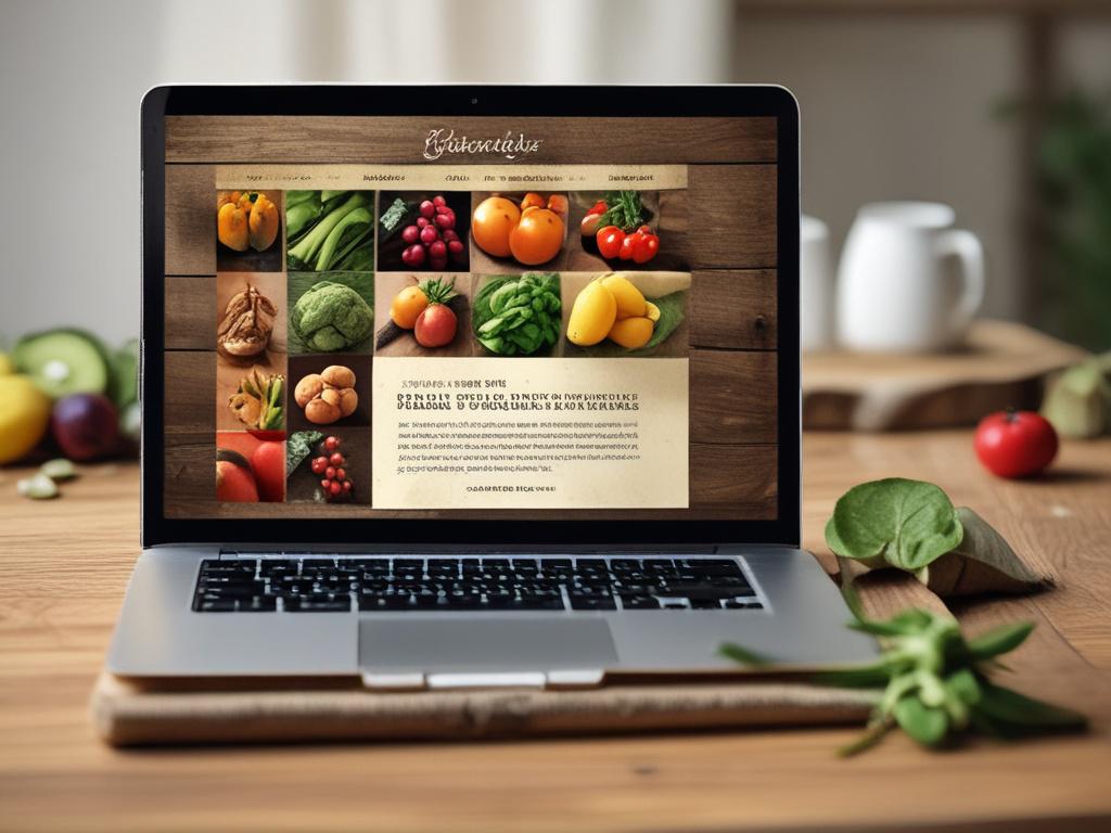 Create a high-resolution image showcasing a digital catalog opened on a laptop. The catalog should display vibrant photos of fresh fruits and vegetables with specifications listed alongside. The laptop should be placed on a rustic wooden table, with natural light illuminating the scene. In the background, include subtle hints of a market or agricultural setting, such as crates of produce or greenery, to emphasize the agricultural theme.
