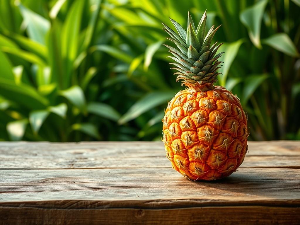 A high-resolution image depicting a single, vibrant tropical fruit, like a pineapple or mango, placed on a rustic wooden table. The background features lush green foliage, emphasizing freshness and natural agriculture. The lighting is warm and inviting, capturing the essence of farm-to-table freshness.