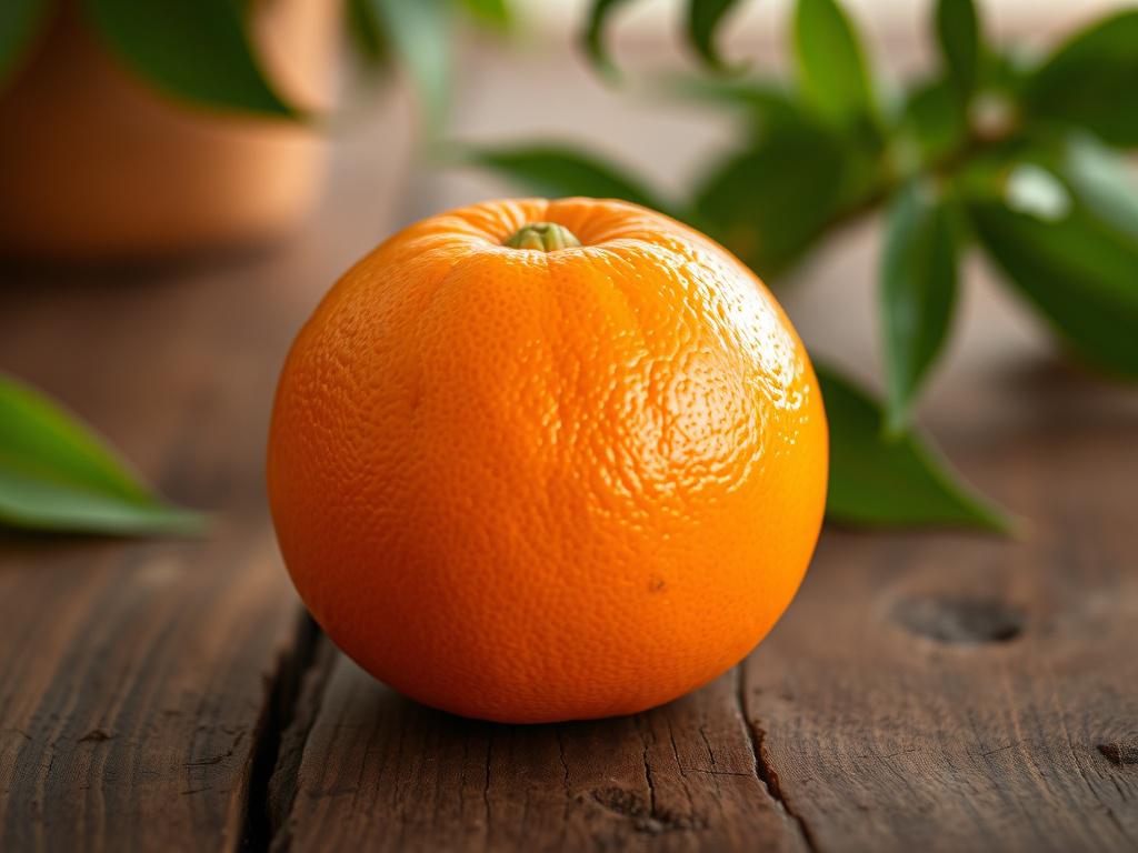 A single, fresh orange with a vibrant, glossy skin, sitting on a rustic wooden table. The orange is perfectly round and bright in color, showcasing its juiciness. In the background, there are hints of green leaves, creating a natural and earthy aesthetic. The lighting is soft and warm, highlighting the texture of the orange's skin.