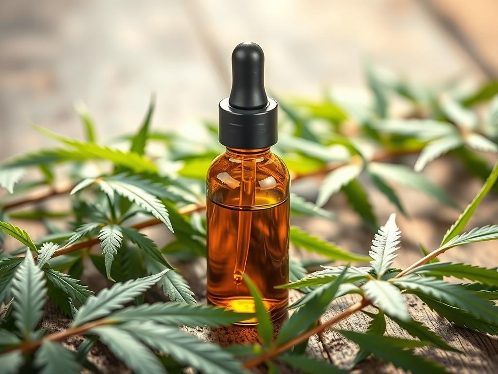 A close up of a dropper bottle of CBD oil,