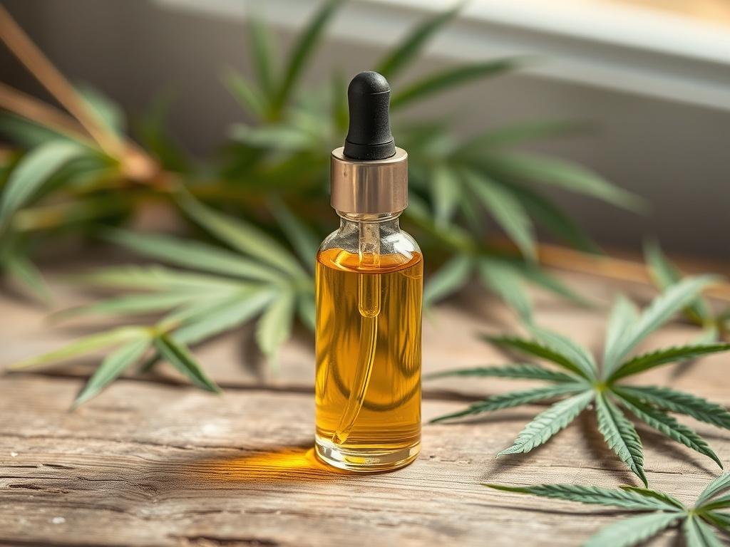A clear glass dropper bottle filled with golden CBD oil,