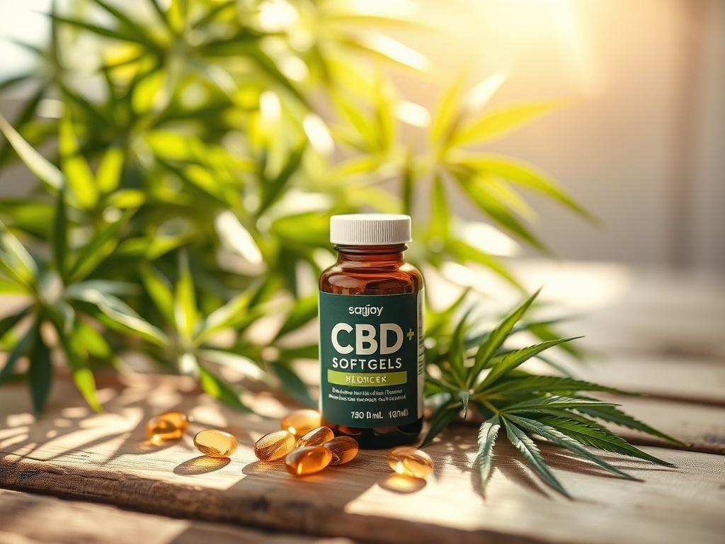 A bottle of CBD softgels on a wooden surface, surrounded