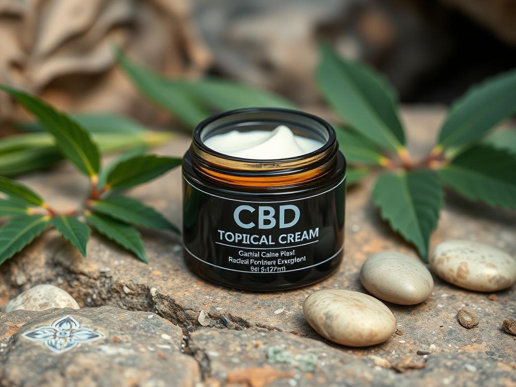A jar of CBD topical cream on a natural stone
