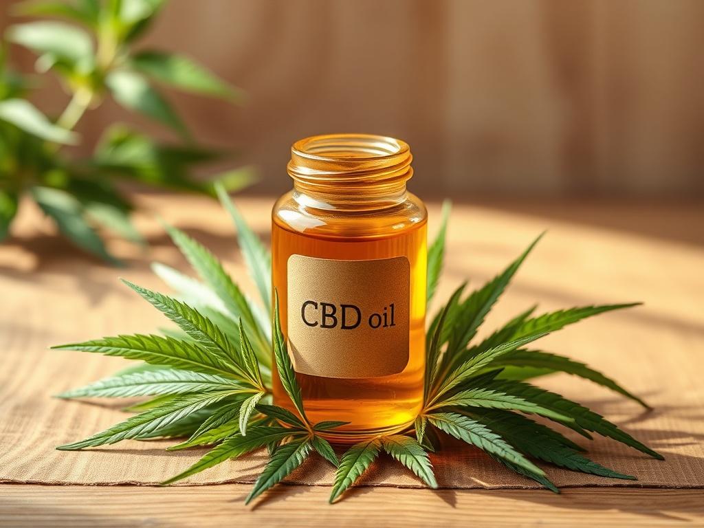 Create a realistic high-resolution photo depicting a single glass jar filled with golden CBD oil, prominently placed in the center of the image. The jar should have a natural, earthy label that reflects the rustic aesthetic of CBD products, devoid of any text or branding. Surround the jar with fresh, green hemp leaves that gently cascade around the base, emphasizing the natural source of the oil. 

In the background, create a softly diffused wooden table, adding organic texture without overpowering the subj