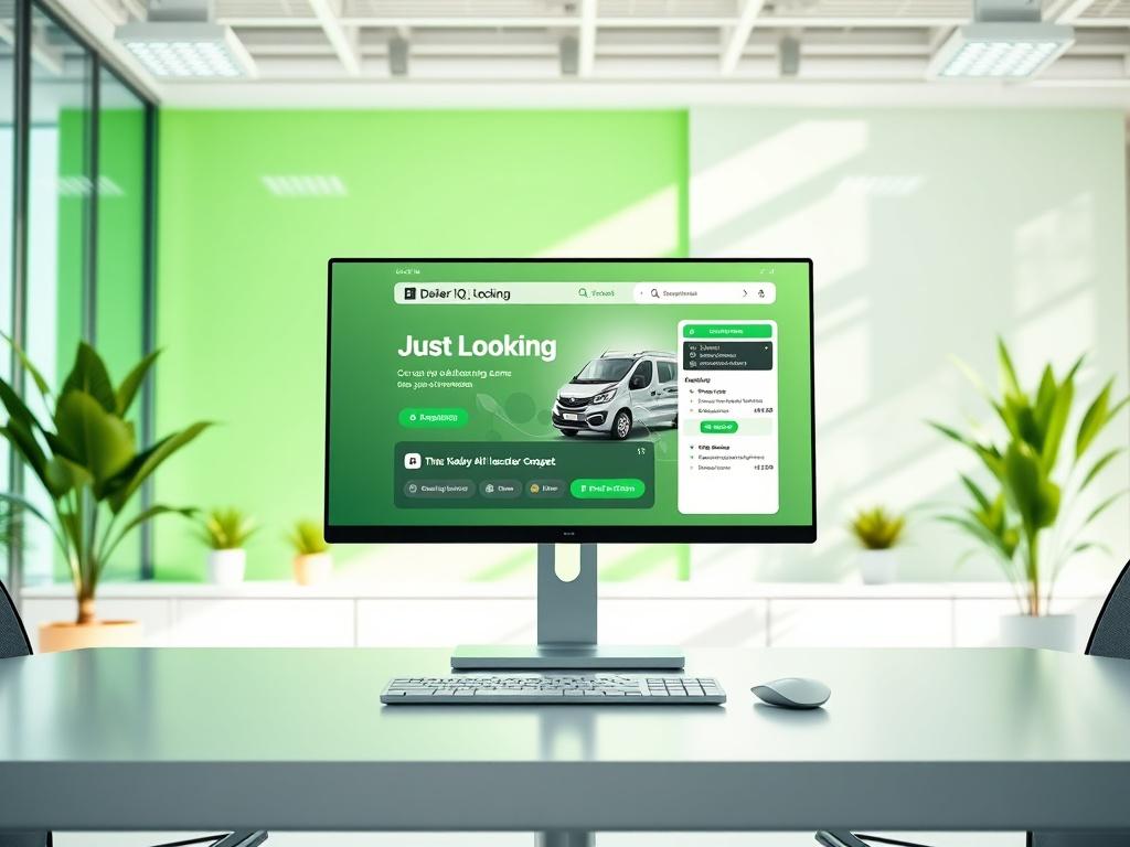 A modern, inviting office space showcasing a sleek computer screen displaying the Dealer IQ - Just Looking app. The screen highlights the vehicle matching game and AI assistant features. The background features a bright and airy atmosphere with green accents, symbolizing innovation and growth. The lighting is bright and natural, creating an inviting ambiance.