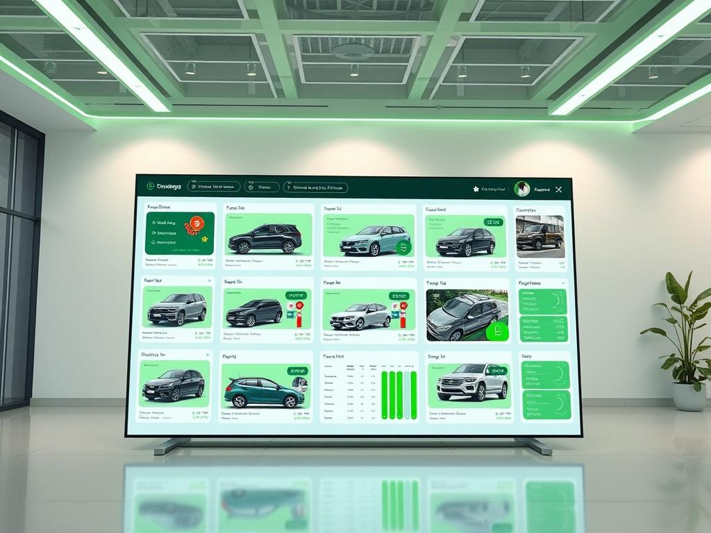 An organized digital inventory dashboard showcasing a variety of vehicles with detailed images and information. The design is sleek and modern, with green highlights and a clean layout, set against a light background.