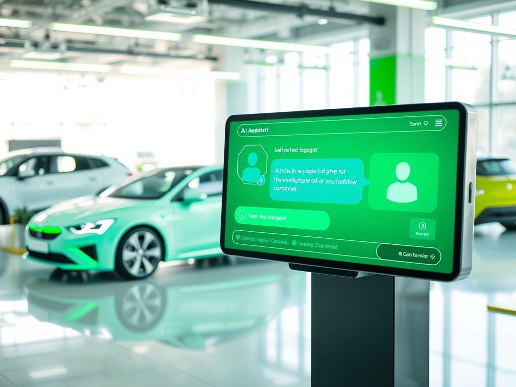 A modern car showroom with a futuristic touchscreen interface showing an AI assistant responding to a customer inquiry. The setting is bright and inviting, with green accents in the decor, and cars displayed in the background.