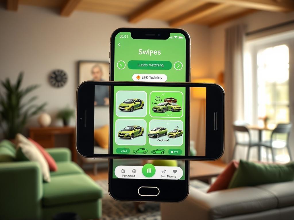 A smartphone displaying a vibrant interface of a vehicle matching game, featuring lush green swipes and car images. The background shows a cozy living room setting with bright lighting, creating an inviting atmosphere.