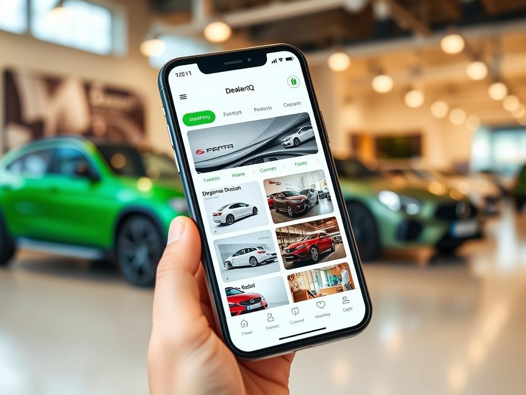 A close-up of a smartphone displaying the Dealer IQ app's inventory page, featuring various car listings with bright images and details. The background should have a blurred view of a stylish car showroom.