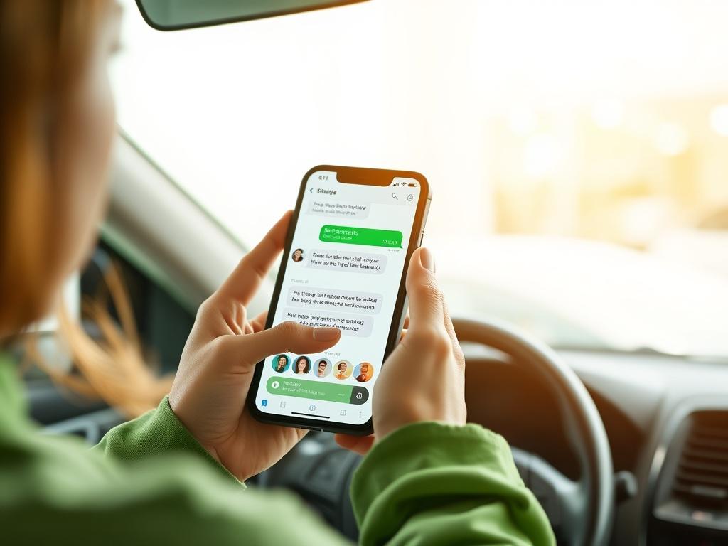 A user engaging with the AI assistant on their phone, with a friendly chat interface displayed. The setting should be bright and modern, featuring a car in the background.