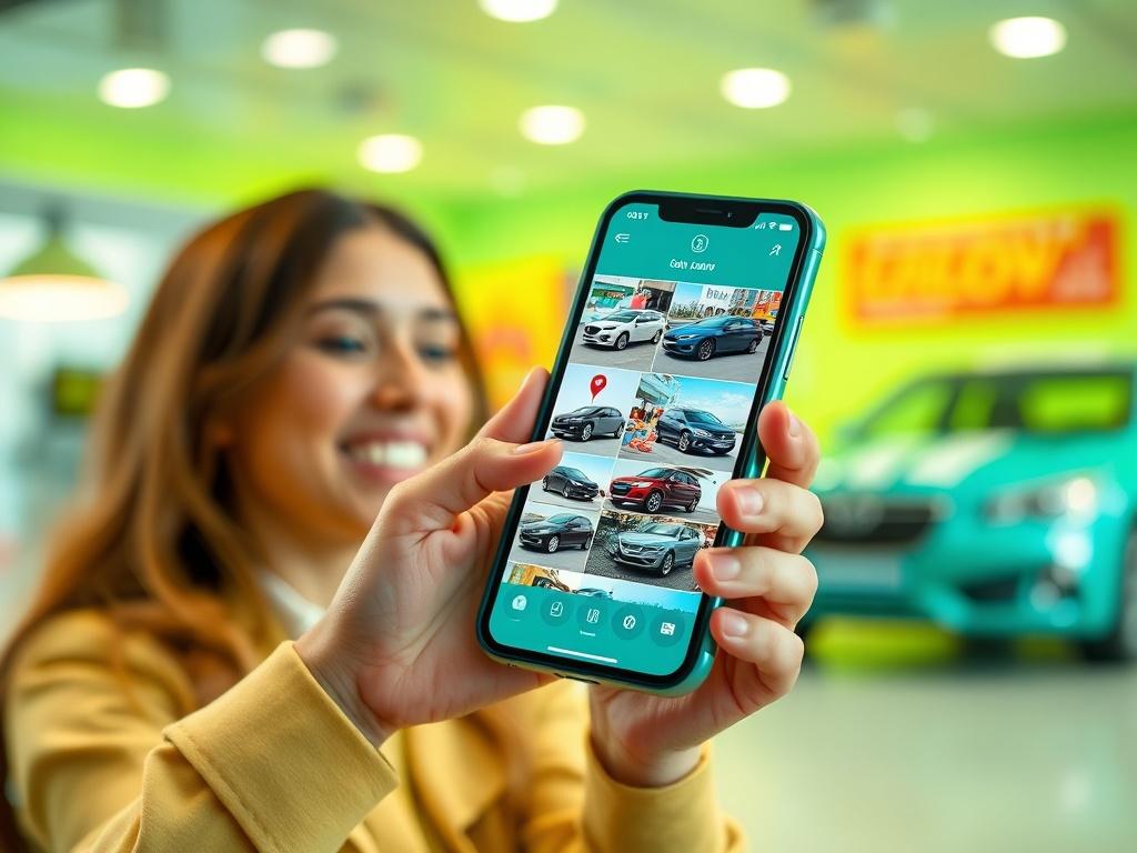 A user happily swiping on a smartphone, showcasing various car images in a fun and engaging layout. The background should be colorful and inviting, embodying a playful atmosphere.