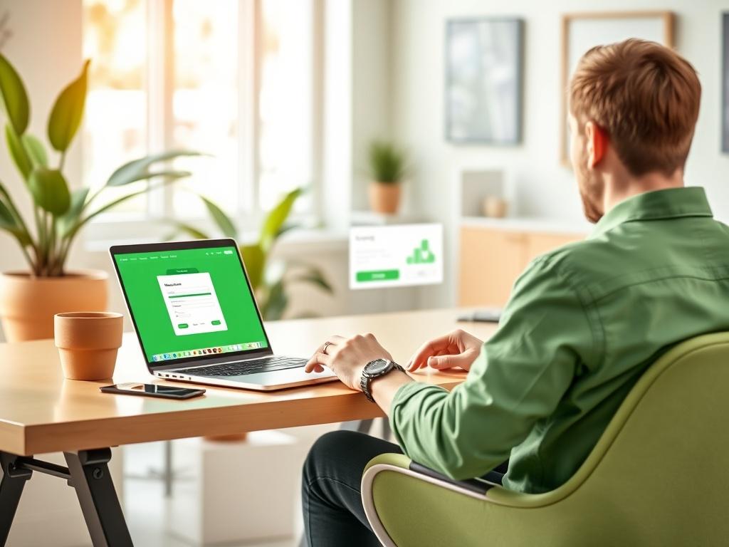 A user sitting at a stylish desk using a laptop to create an online account, with a green-themed user interface displayed on the screen. The background is bright and inviting, showcasing a plant and modern decor.