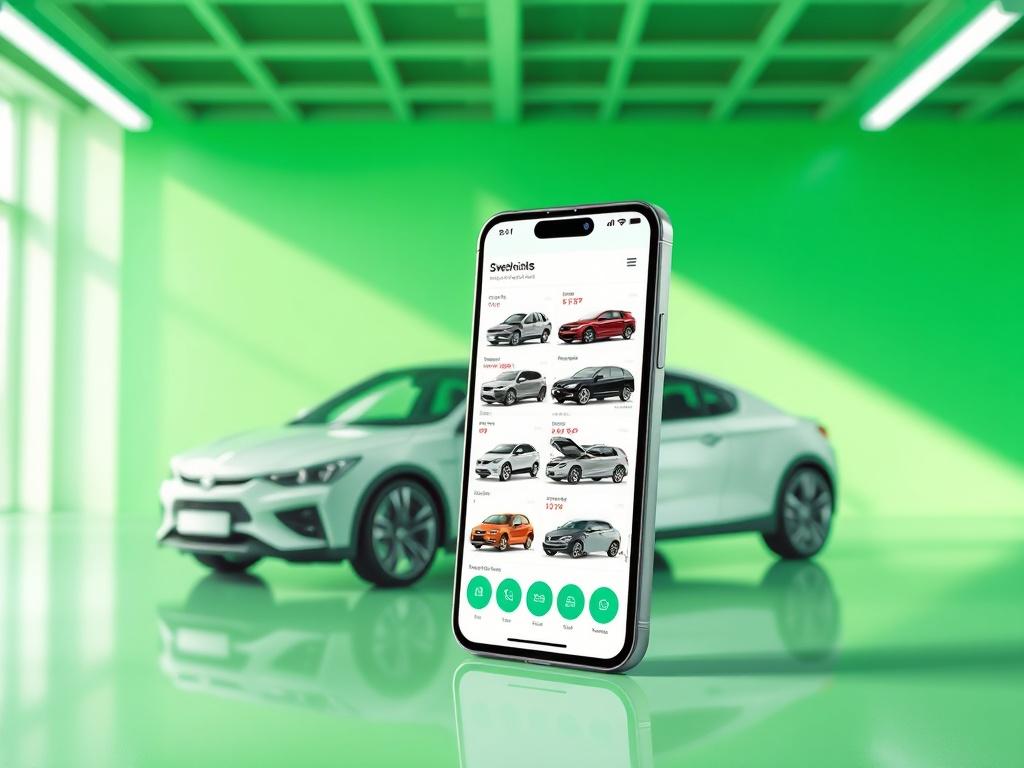 A high-resolution image of a modern, user-friendly mobile application displaying a wide range of vehicles for sale. The app interface should be clear and colorful, showcasing various car models in an organized manner. The background should depict a clean, bright atmosphere that reflects a fresh green color palette, emphasizing a modern and inviting feel.