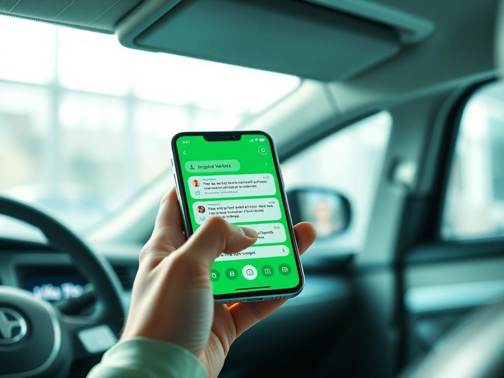 A high-resolution image of a person interacting with an AI assistant on a mobile device. The screen should display an engaging chat interface showcasing vehicle-related inquiries and instant responses. The setting should have bright lighting and a clean, modern aesthetic, with a fresh green color palette to create an inviting atmosphere.