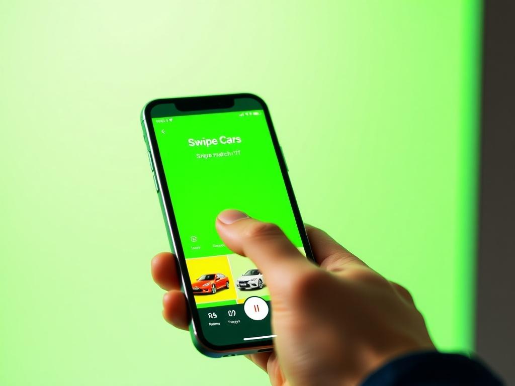 A high-resolution image of a mobile app screen displaying a swipe interface for vehicle matching. The screen should show a vibrant selection of cars with a simple swipe feature, and the user's hand should be seen swiping left or right. The background should be bright and modern, utilizing a fresh green color palette to reflect a clean and inviting design.