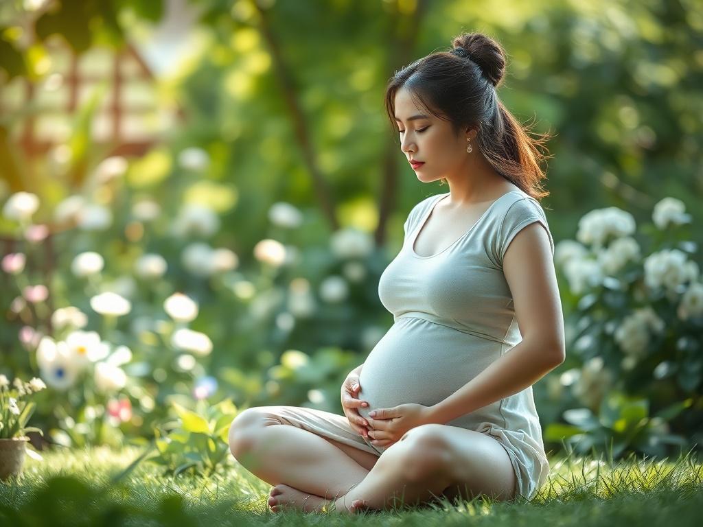 A serene and peaceful scene depicting a woman sitting in a tranquil garden, surrounded by lush greenery and soft, natural light. She is engaged in a meditative pose, with her hands gently resting on her belly, symbolizing the desire for fertility and motherhood. The background features soft, blurred flowers and plants, creating a calming atmosphere. The color palette is dominated by soft greens, harmonizing with the RGB(50, 170, 39) primary color, reflecting the essence of nature and life.