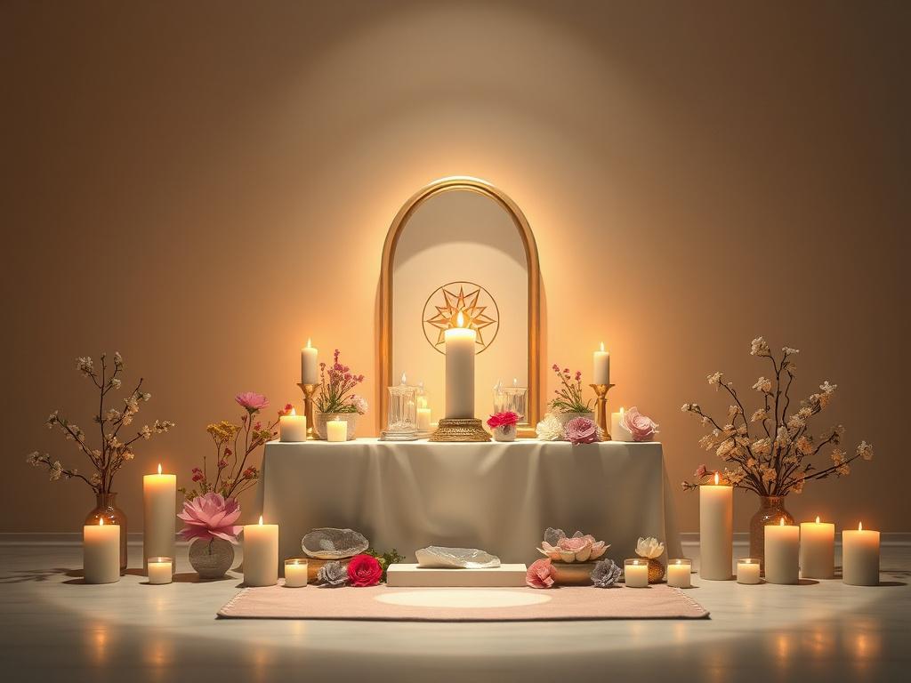 A serene and mystical setting, featuring a single altar adorned with candles, crystals, and flowers. The background softly illuminated, creating a peaceful atmosphere. The altar should convey a sense of healing and protection, with subtle hints of spiritual elements. The color scheme should incorporate soft tones that harmonize with the primary color rgb(50, 170, 39). The focus should be on the altar, with a gentle light casting calming shadows.
