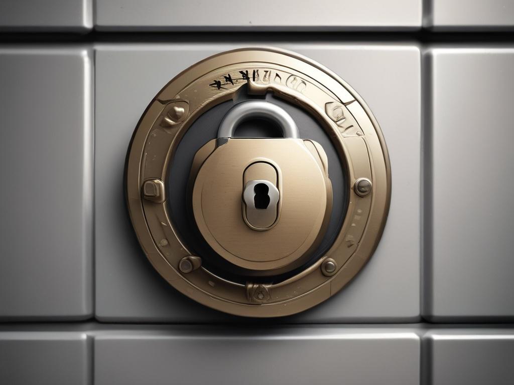 Create a hyper-realistic close-up shot of a secure lock on a digital background, symbolizing data protection and security. The lock should be shiny and metallic, reflecting light, with a blurred background of binary code to emphasize the digital aspect. Use a 45mm f/1.2 lens style for a shallow depth of field, ensuring the lock is the focal point.
