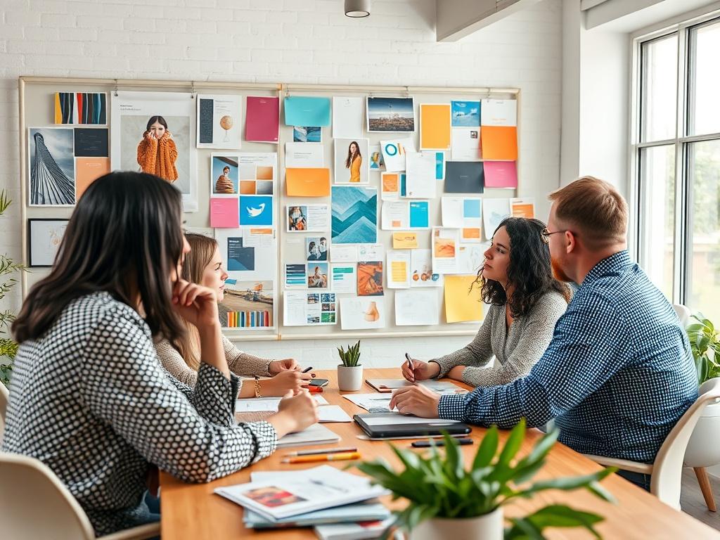 A creative team brainstorming ideas for brand development in a