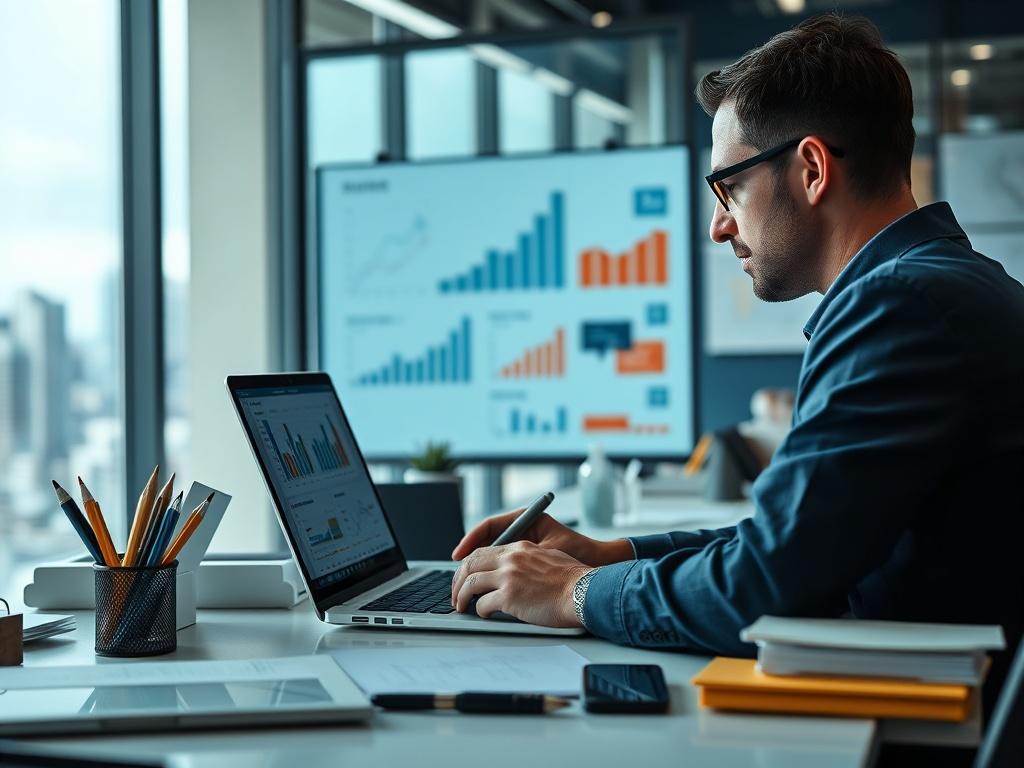 A professional analyst reviewing market research data on a laptop