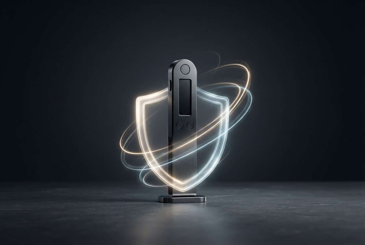 Editorial illustration of a secure hardware wallet with a protective shield