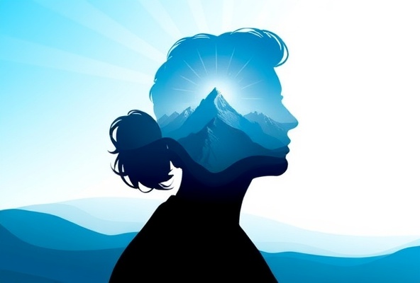 Abstract illustration of a person silhouette with internal landscape featuring clear blue sky and light rays