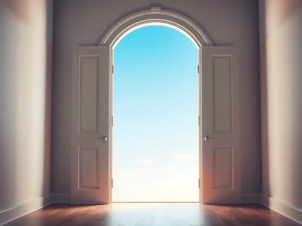 Open door with light blue sky symbolizing possibility and discovery in leadership
