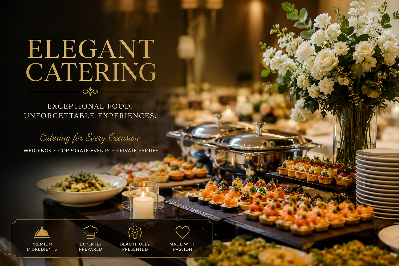 Gourmet catering display with elegant food presentation