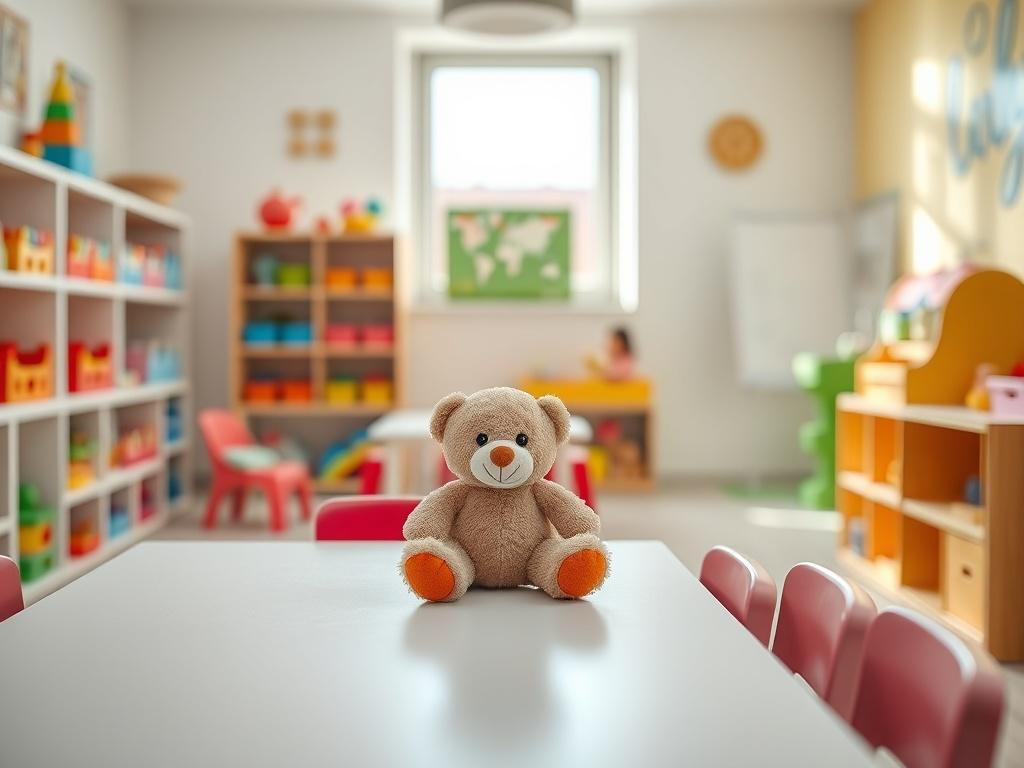 A clean and bright nursery classroom with colorful toys neatly arranged on shelves. The image should focus on a single toy, like a plush teddy bear, sitting on a clean table. The background should include brightly painted walls and child-sized furniture, with sunlight streaming in through a window, creating a cheerful and inviting atmosphere. The overall composition should be simple and clear, highlighting the cleanliness and organization of the space.
