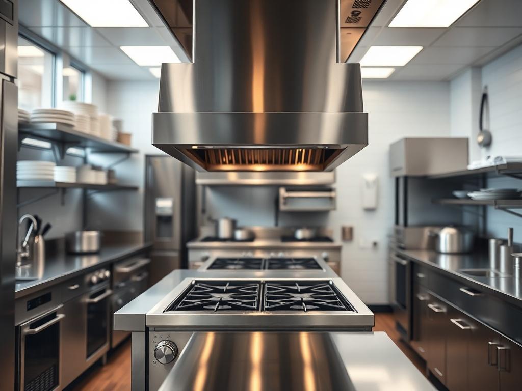 A hyper-realistic close-up shot of a pristine commercial kitchen after a deep clean, featuring gleaming stainless steel appliances, spotless countertops, and organized workspaces. The focus should be on a well-maintained oven and hood, with soft natural lighting illuminating the space. The background should be blurred to emphasize the cleanliness of the kitchen equipment, showcasing a professional culinary environment.