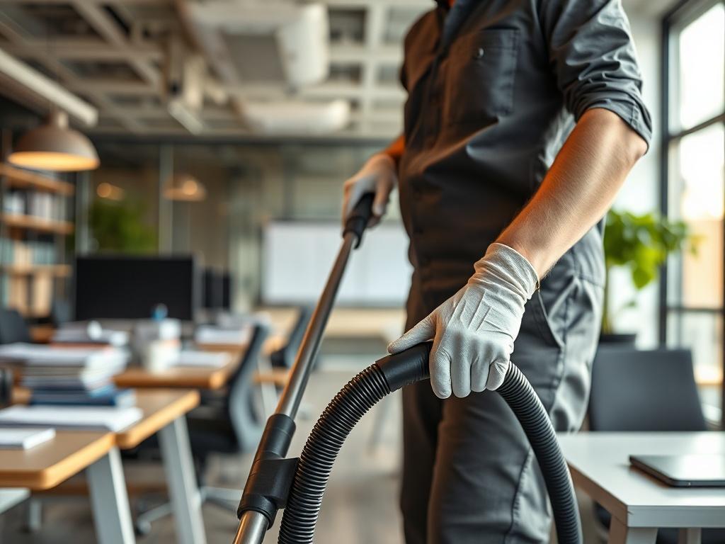 A close-up shot of a professional cleaner using a vacuum in a modern office workspace. The background shows clean desks, organized documents, and bright lighting, creating a welcoming and productive environment. The focus is on the cleaner, wearing gloves and a uniform, showcasing dedication to cleanliness. The image should be shot with a 45mm f/1.2 lens to highlight the details and create a soft blur in the background.