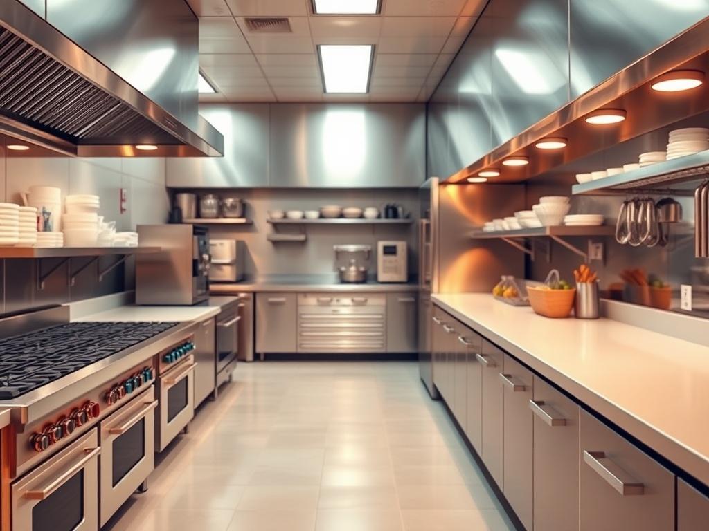 A close-up shot of a sparkling clean commercial kitchen, showcasing gleaming stainless steel appliances, pristine countertops, and organized cooking areas. The focus should be on one section of the kitchen, highlighting the cleanliness and orderliness. The background should be softly blurred, emphasizing the detailed cleanliness of the kitchen surfaces. The color scheme should incorporate warm tones that complement the primary color rgb(193, 153, 87). Shot with a 45mm f/1.2 lens for a hyper-realistic effect