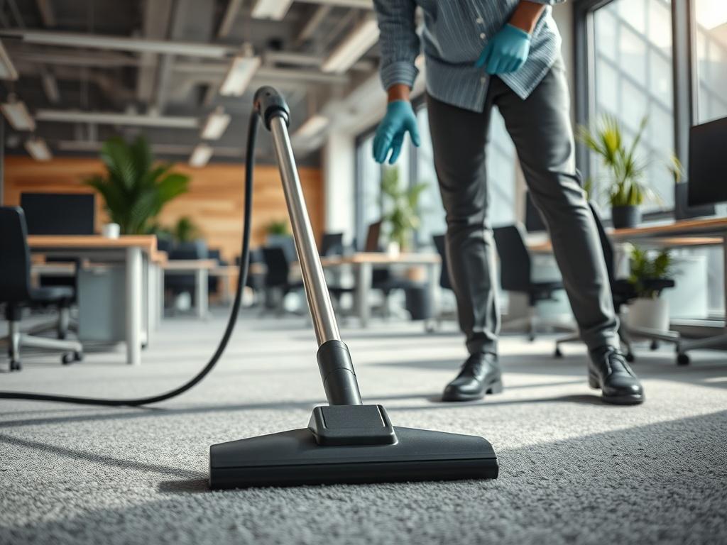 A realistic high-resolution photo of a professional cleaner in an office space, wearing gloves and using a vacuum cleaner. The cleaner is focused and detailed, showing the vacuuming of a carpeted area. The background features a tidy, modern office with desks and plants, lit by natural light from large windows. The color scheme incorporates the primary color #CFB07C, emphasizing cleanliness and professionalism.