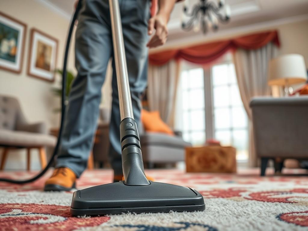 A close-up of a professional cleaner using a steam cleaner on a carpet, with vibrant colors and textures visible. The background should show a well-furnished room, indicating a clean and inviting atmosphere. The focus should be on the cleaning equipment and the cleaner's technique, emphasizing professionalism and attention to detail.