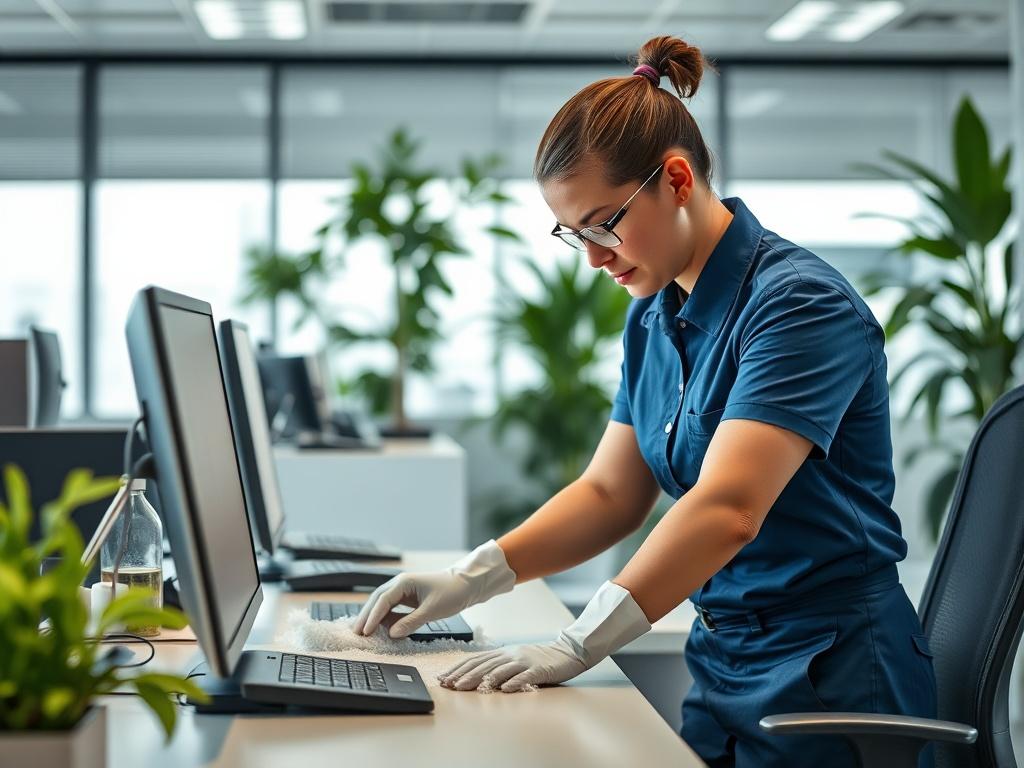 A professional cleaner in uniform, carefully dusting and sanitizing an office desk, surrounded by modern office equipment and plants. The composition should highlight the cleaner's attention to detail, with a clean, bright atmosphere in the background. The focus should be on the cleaner's action, showcasing the commitment to cleanliness and professionalism.