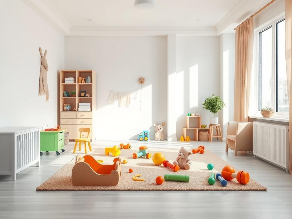 A realistic high-resolution close-up shot of a clean and bright nursery room, showcasing a tidy play area with colorful toys neatly arranged, soft rugs, and bright natural light streaming through large windows. The image should have a warm and inviting atmosphere, emphasizing cleanliness and safety, captured with a 45mm f/1.2 lens style.