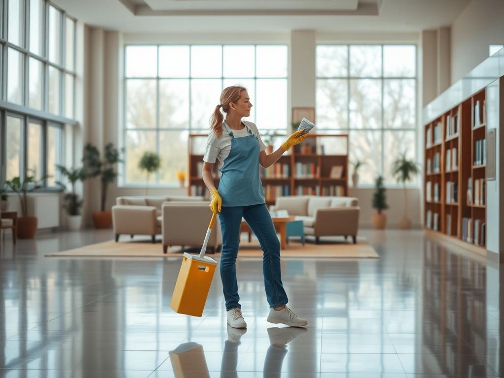 A clean and inviting community building interior, showcasing a spacious room with polished floors and well-maintained furniture. Soft natural light filters through large windows, illuminating the space. A friendly cleaner is in the foreground, actively dusting a bookshelf, emphasizing a tidy and organized environment. The color scheme reflects the primary color rgb(193, 153, 87), creating a warm and welcoming atmosphere.