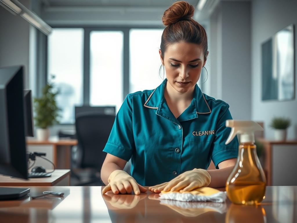 A close-up shot of a professional cleaner in uniform, using eco-friendly cleaning supplies in an office setting. The background features a clean, well-organized workspace with natural light coming through a window. The cleaner is focused on polishing a desk, showcasing attention to detail. The composition is simple and clear, highlighting the cleaner as the main subject, with a warm and inviting atmosphere.