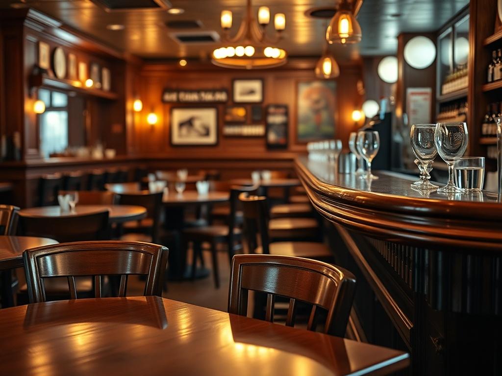 A clean and inviting pub interior featuring polished wooden tables and chairs. The focus is on a well-maintained bar area with gleaming countertops and shiny glassware. The background shows a cozy dining space with warm lighting, showcasing the ambiance of a welcoming restaurant. The composition should capture the essence of cleanliness and hospitality, emphasizing the attention to detail in the cleaning process. The image should be shot in high resolution with a 45mm f/1.2 lens effect, highlighting the tex