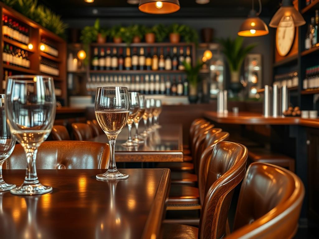 A close-up shot of a clean, inviting pub interior with polished wooden tables and chairs, sparkling glassware on the bar, and a well-organized counter. The lighting is warm and welcoming, highlighting the cleanliness of the space. The background shows neatly arranged bottles on shelves, and a hint of greenery from potted plants, creating an inviting atmosphere. The image should be realistic and high-resolution, emphasizing the attention to detail in the cleaning.