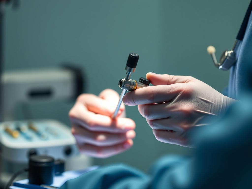 A close-up image of a gynecologist in a medical setting, performing a hysteroscopy procedure. The focus is on the gynecologist's hands as they skillfully maneuver the instruments, with a clear view of the hysteroscope. The background is softly blurred, emphasizing the professionalism and care in the procedure. The color scheme includes deep blue, gold, and green elements, reflecting a calm and reassuring atmosphere.