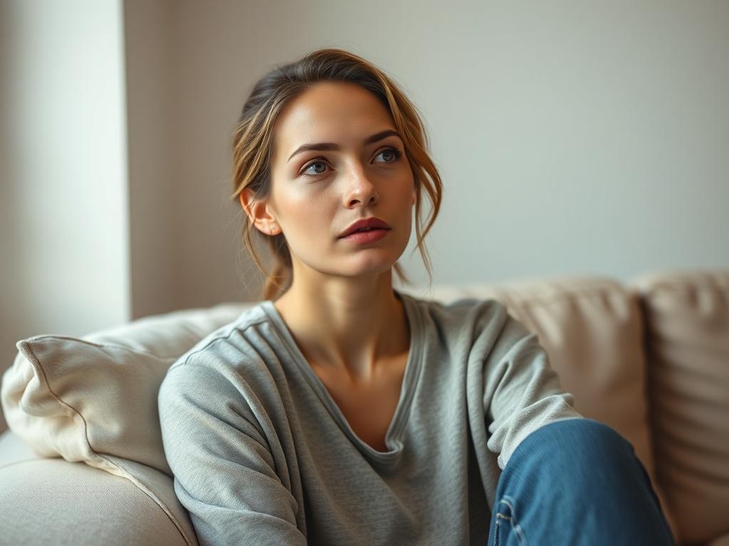 A close-up, hyper-realistic photograph of a thoughtful woman sitting on a comfortable couch in a softly lit room, looking contemplative and serene. The background should be simple and calming, with soft colors to evoke a sense of peace and comfort. The woman should have a natural expression, conveying a sense of openness and vulnerability, dressed casually yet elegantly.