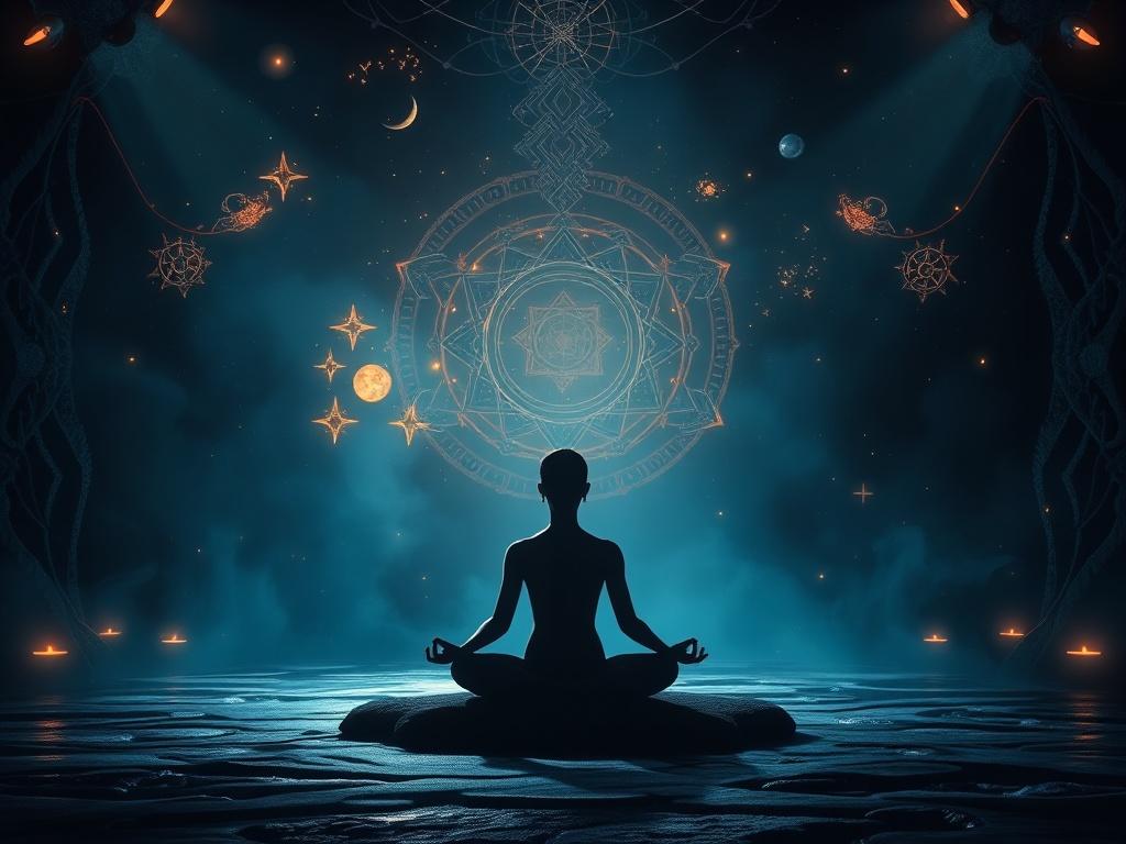 A serene and mystical meditation space illuminated by soft, ethereal